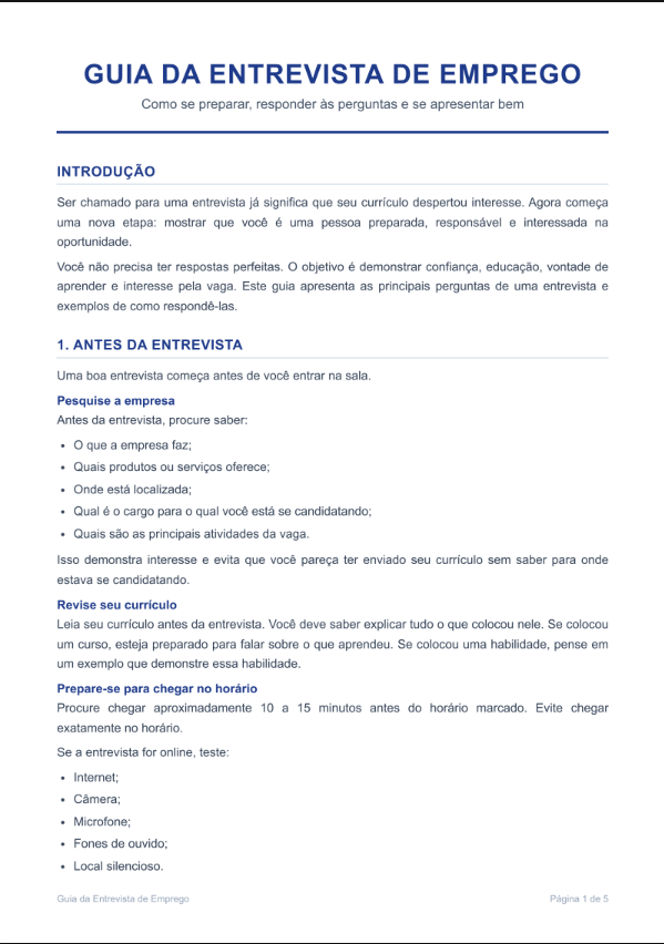 Página real do material: Guia da Entrevista de Emprego