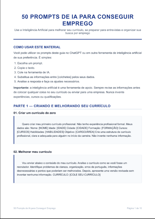 Página real do material: 50 Prompts de IA